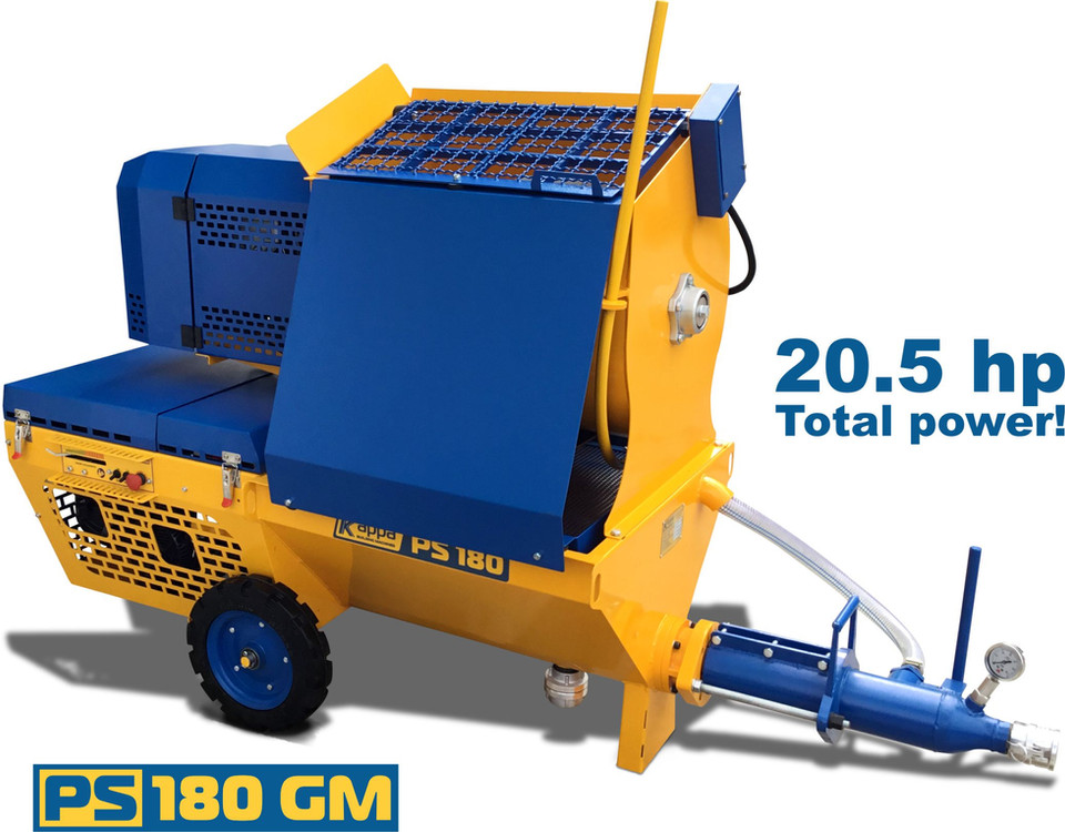 Petrol engine driven plaster pump with an integrated batching mixer.